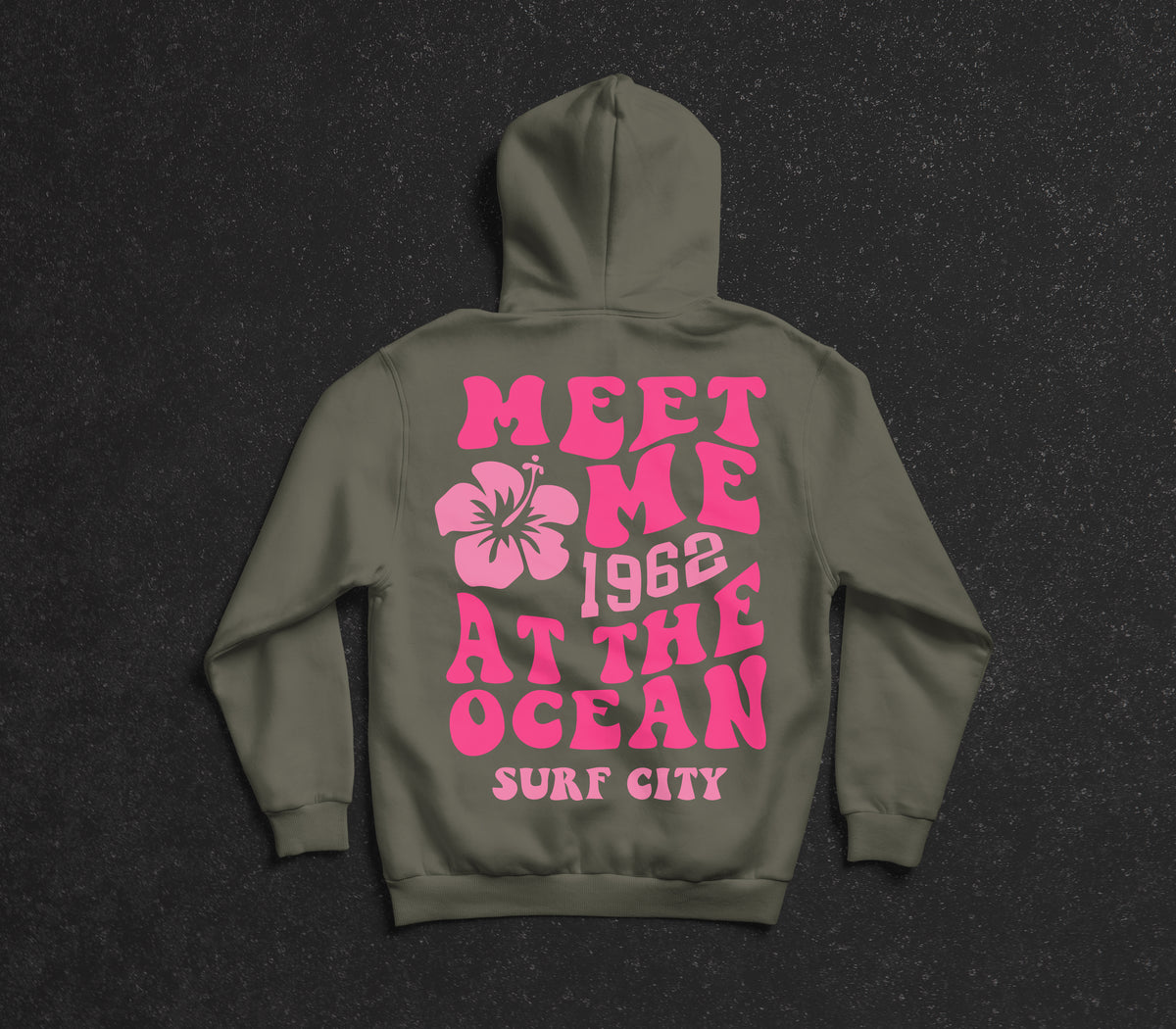 Retro Surf City Hoodie – Olive Gray with Pink Typography